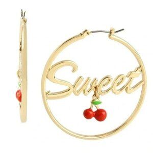 NWT Betsey Johnson Sweet Gold Tone Large Hoop Earrings Cherries Cherry Charm